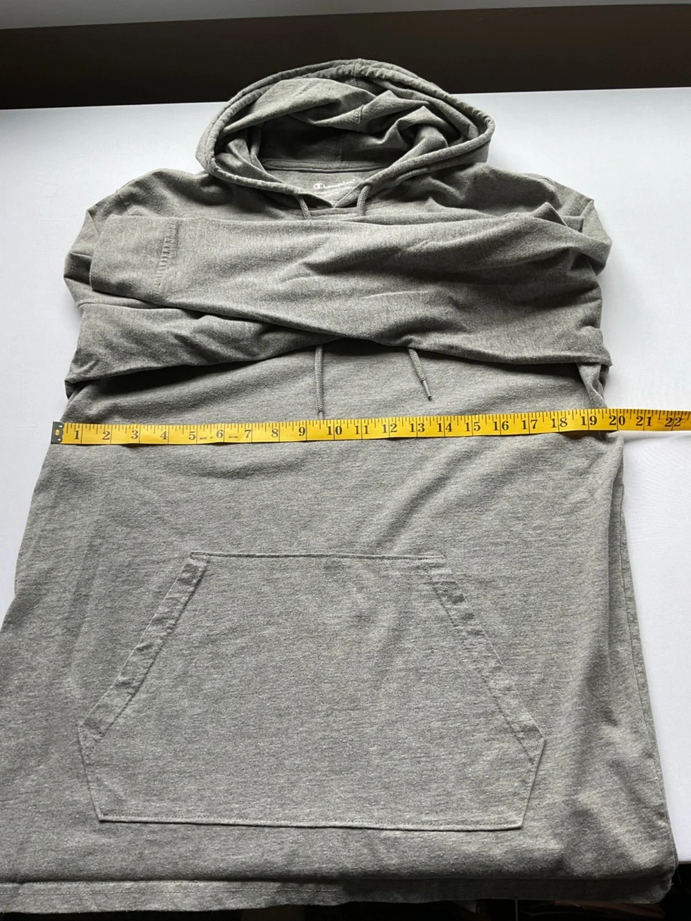 Champion Gray Lightweight Hoodie with Blue Script and Red Accent
